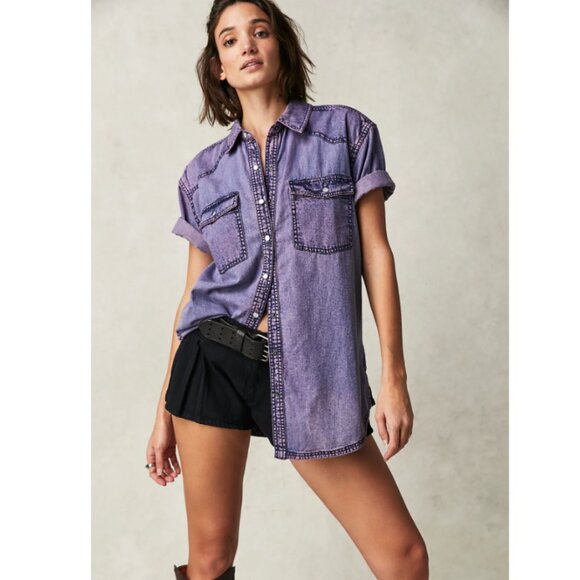 FREE PEOPLE The Short Of It Denim Top - Orchid Overdye - Small - Factory Sealed - Picture 3 of 13